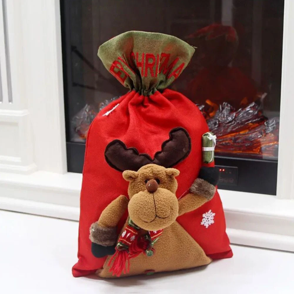 3D Doll Candy Bag Sacks Christmas Gift Bag Candy Storage Bag Bundle Pockets Party Storage Pouch for Santa (Elk)