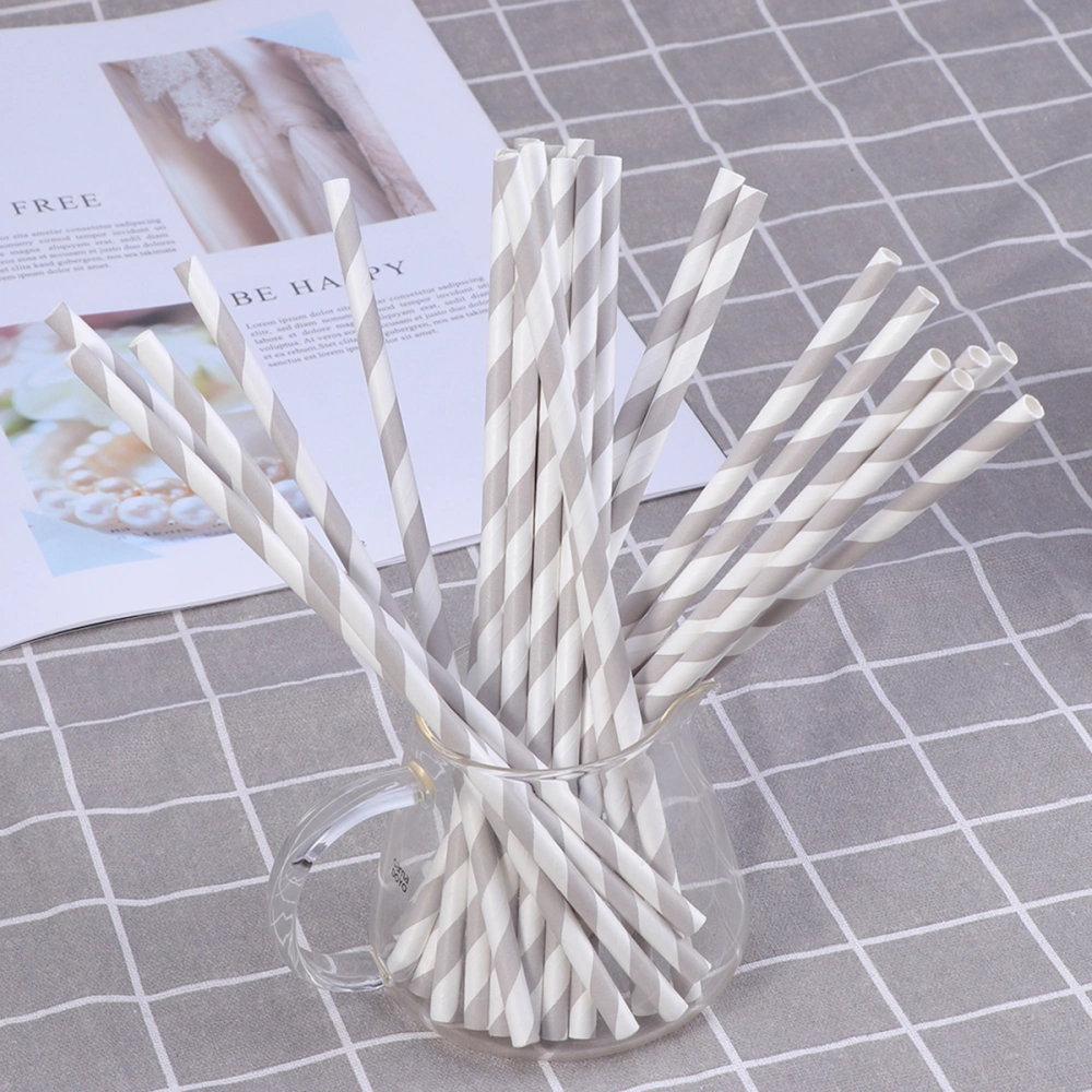 100pcs Party Paper Straws Wedding Paper Drinking Straws Striped (Grey)