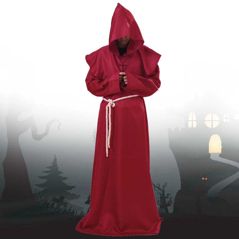 Halloween Medieval Monks Costume Classic Friar Wizard Cosplay Costume Set Size L (Red)