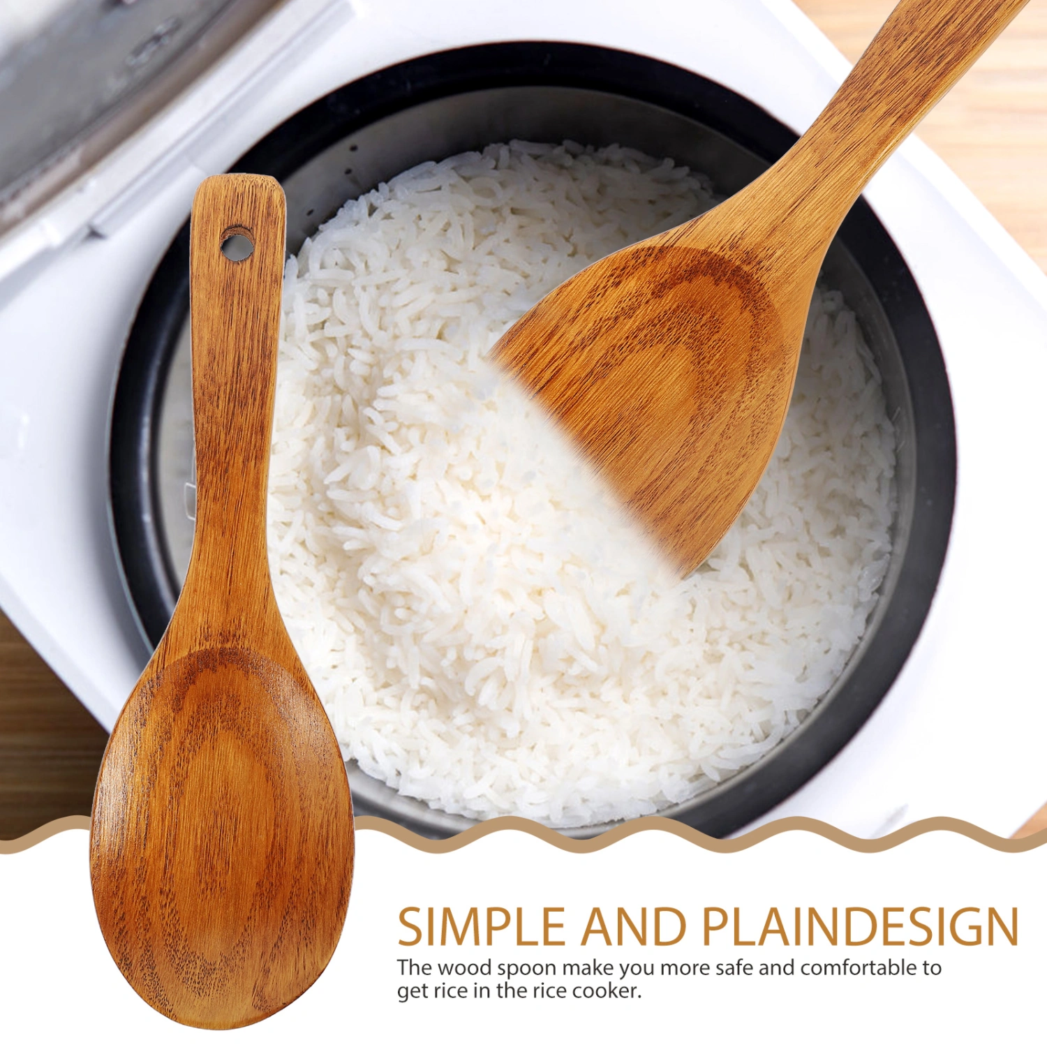 Solid Wood Rice Cooker Spoon Cooking Kitchen Utensil for Home Restaurant (21x6.5cm)