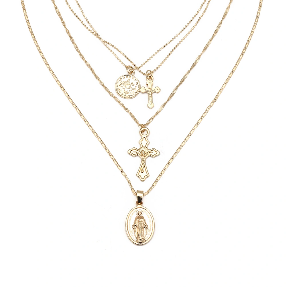 3 Layered Pendant Necklace Cross Charm Choker Necklaces Statement Jewelry Religion Necklace (Gold)