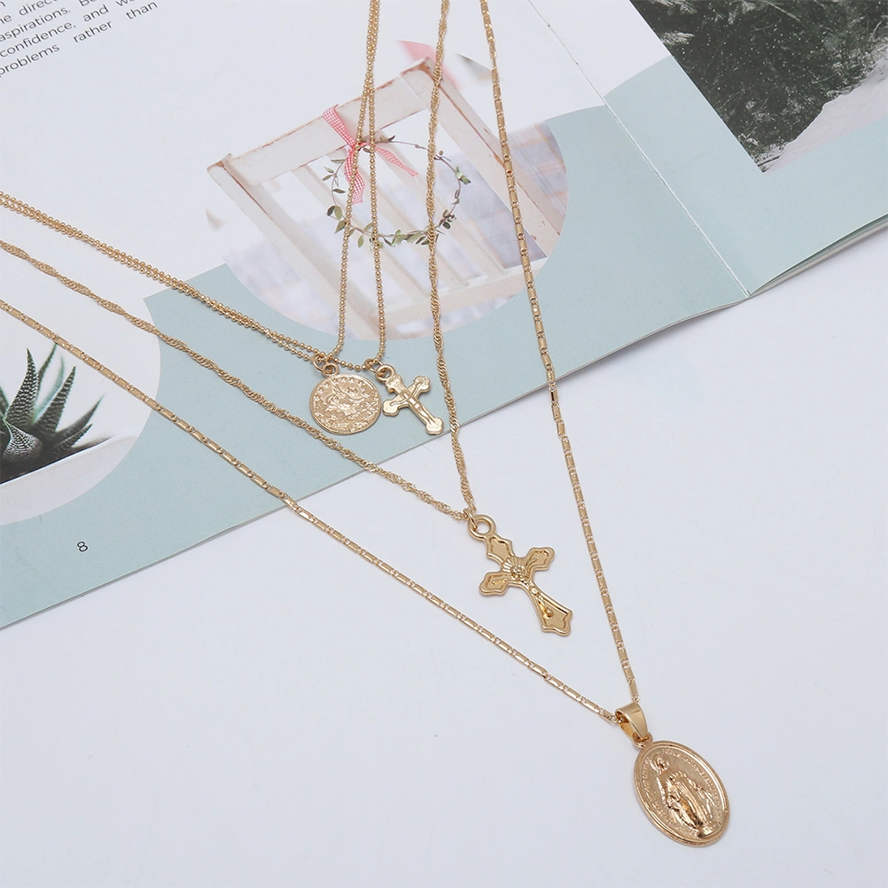 3 Layered Pendant Necklace Cross Charm Choker Necklaces Statement Jewelry Religion Necklace (Gold)