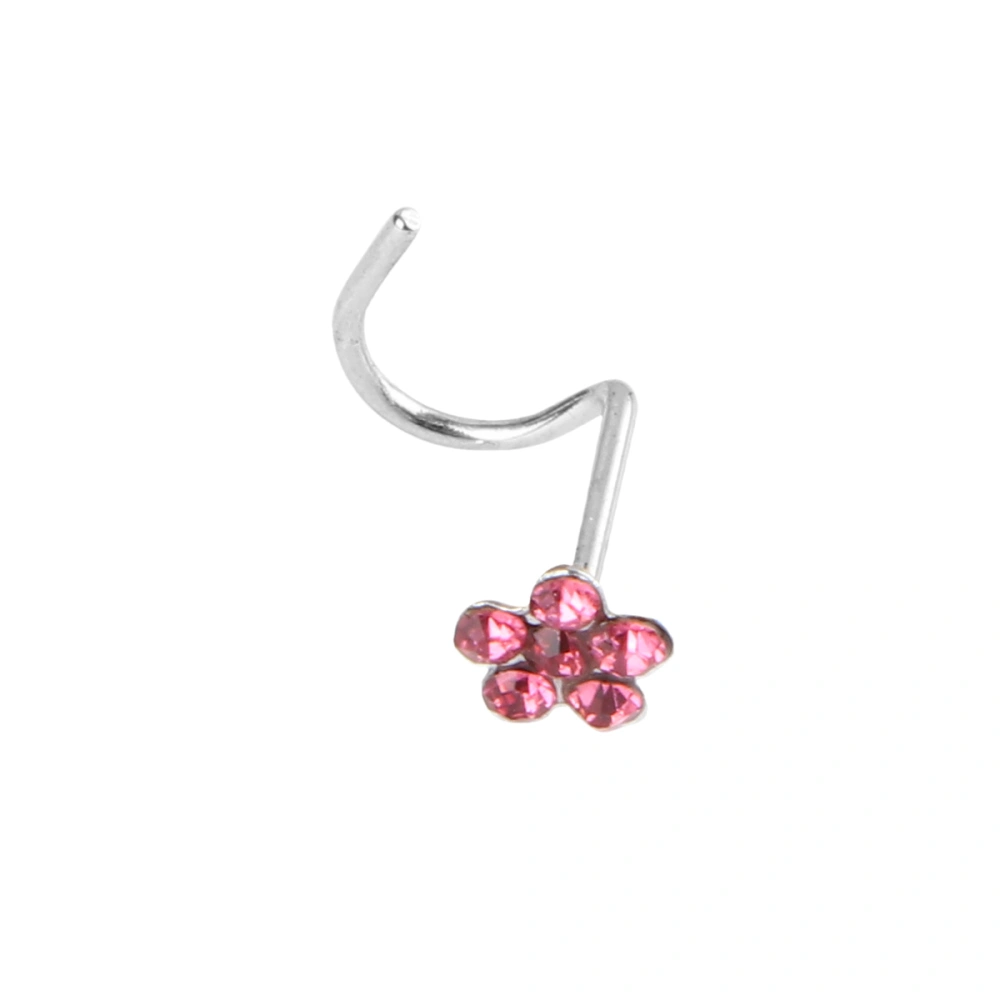 1pc Curved Rod with Diamond Flower Puncture Nose Ring Stainless Steel Nose Rings Nose Piercing Stud Diamond Nose Ring(Pink)