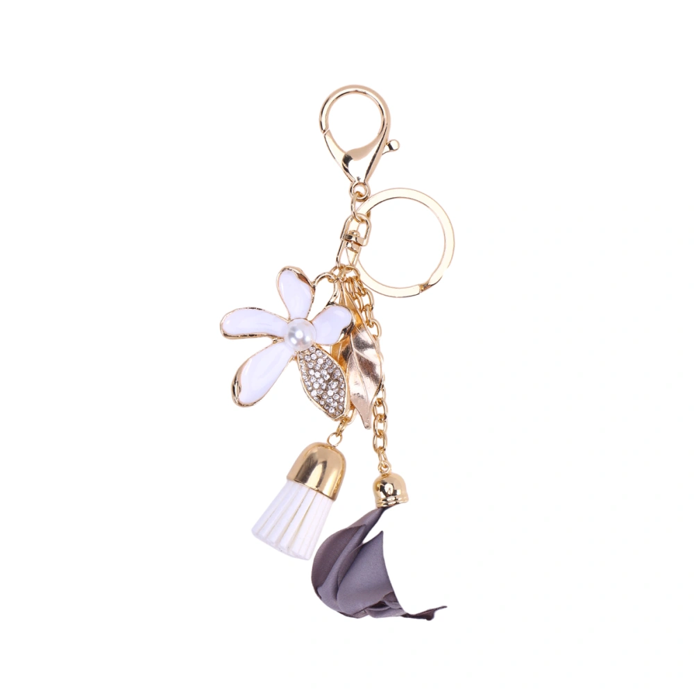 Crystal Five-leaf Flower Car Keychain Cloth Flower Car Key Ring Tassel Leaves Key Chain Female Bags Pendant Accessories (Gray)