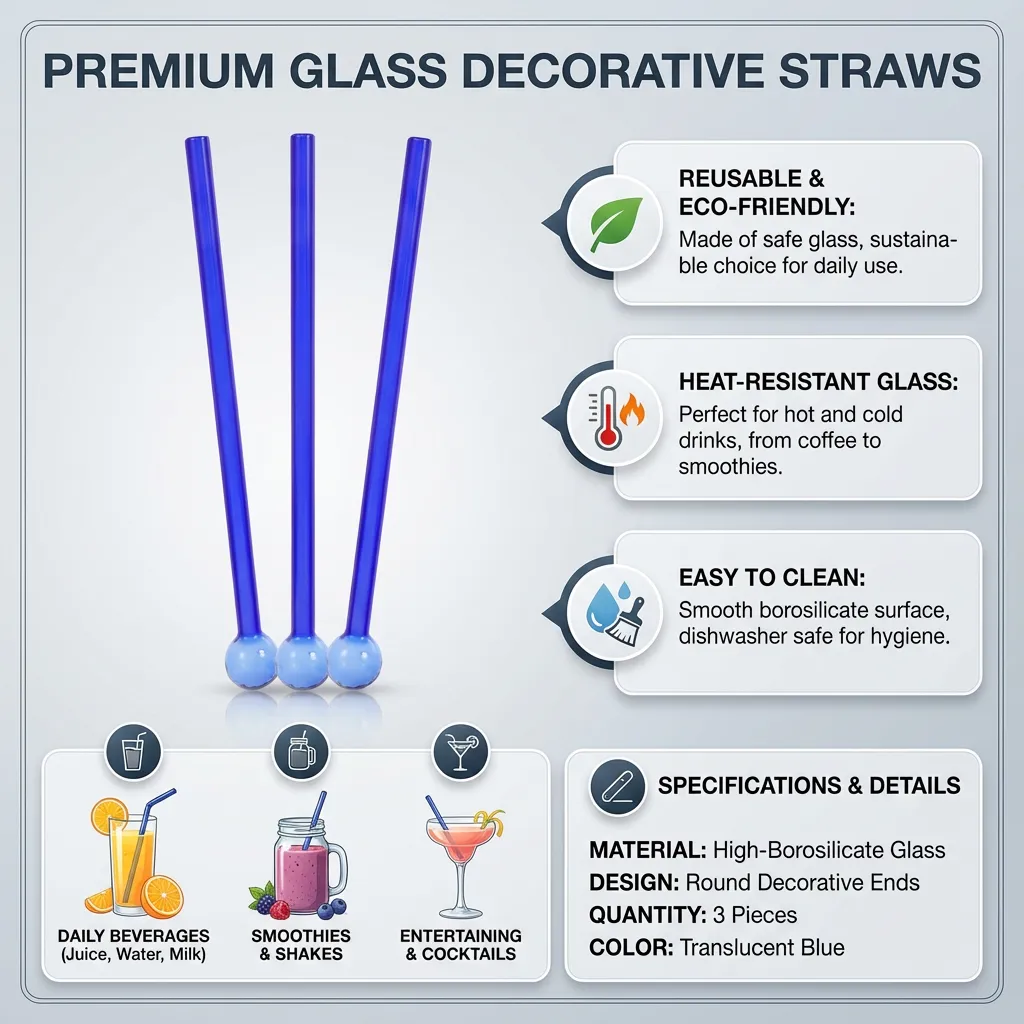 3Pcs Decorative Glass Straw Round Ends Straw Reusable Drinking Straw for Home