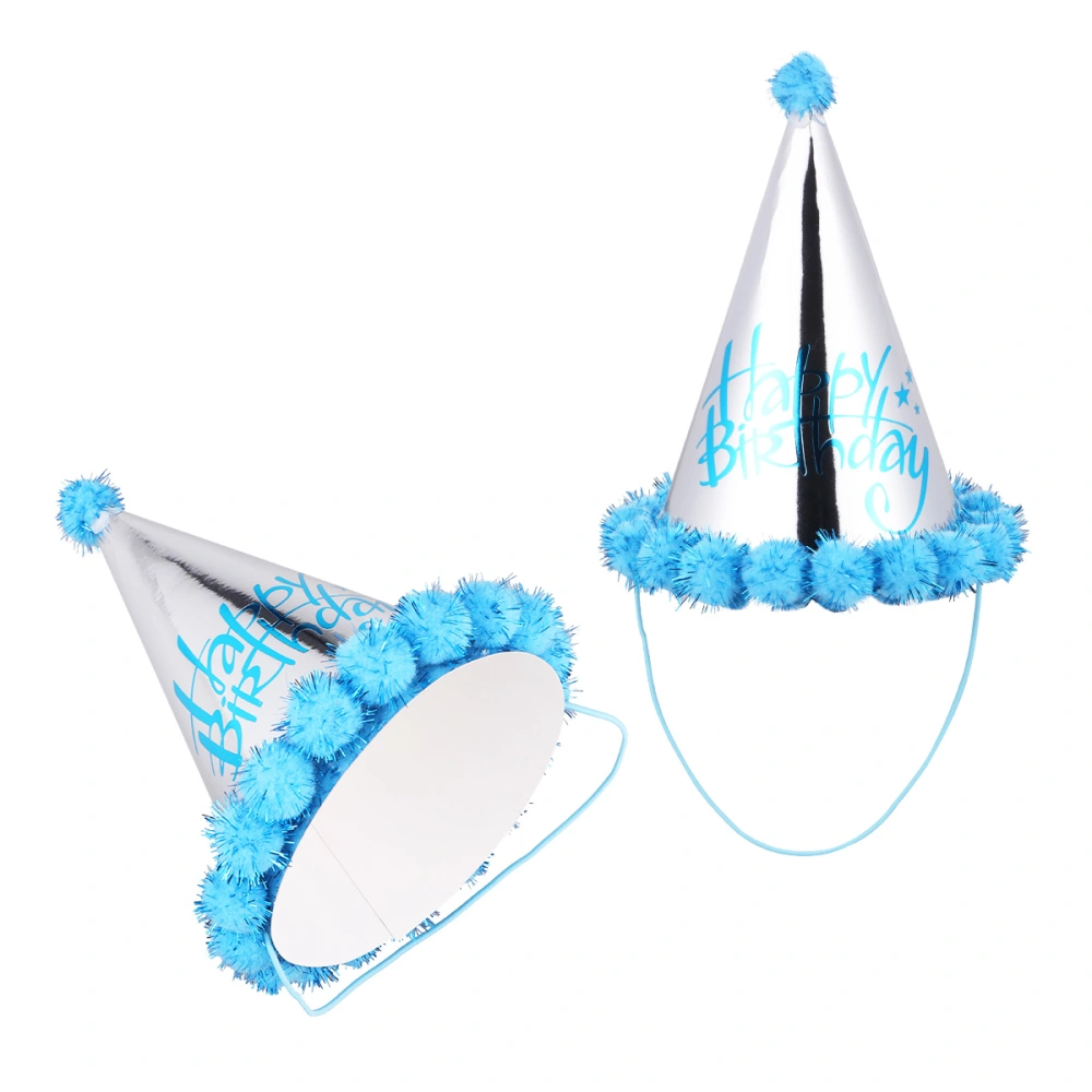 5pcs Light Blue Cone Shape Pompon Hats Shiny Paper Birthday Letter Printing Design Birthday Party Hat Decorations