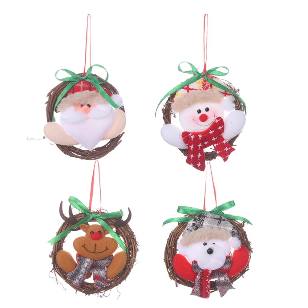 4pcs Christmas Rattan Circle Doll Pendants Cartoon Christmas Rattan Circle Wall Hanging Doll Wreath Hanging Piece Christmas Tree Hanging Ornament Window Decorative Hanging Pendant Santas Style Snowman Style Elk Style Bear Style