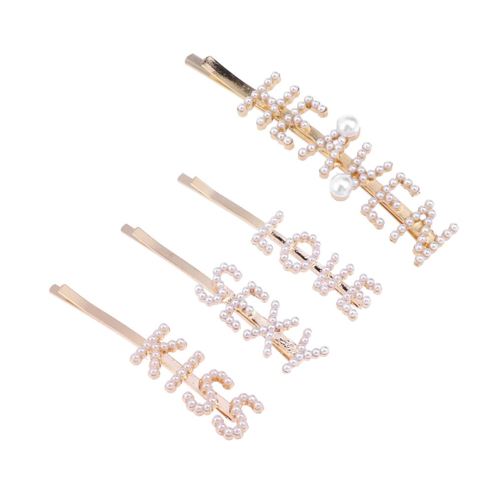 4pcs English Letter Hair Clip Pearl Short Barrettes Bobby Pin Hair for Ladies and Girls