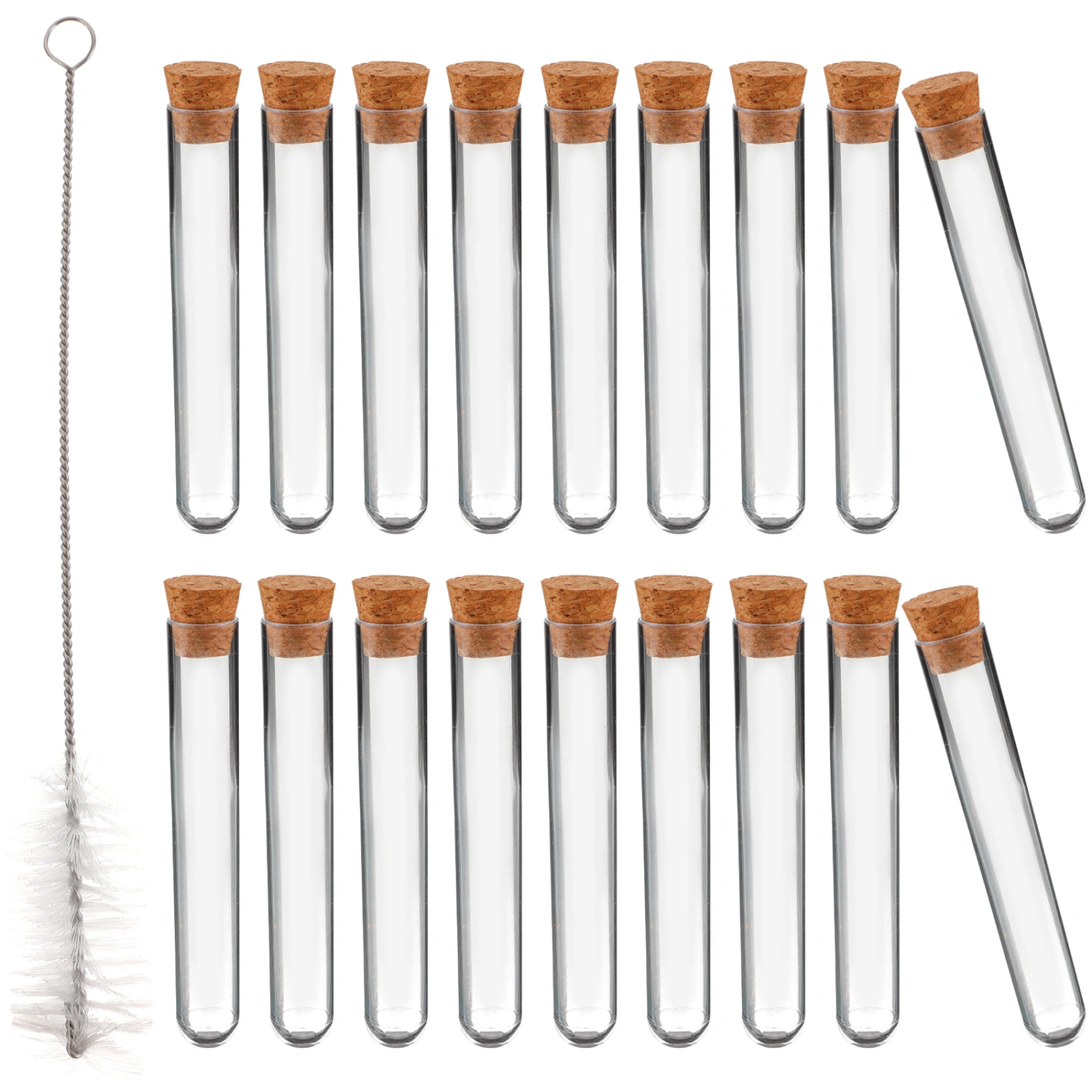 1.2x7.5cm Plastic Clear Test Tubes with Cork Stoppers and Brush for Scientific Experiments Powder Liquid Storage (100Pcs Tube Set with 1Pc Brush)