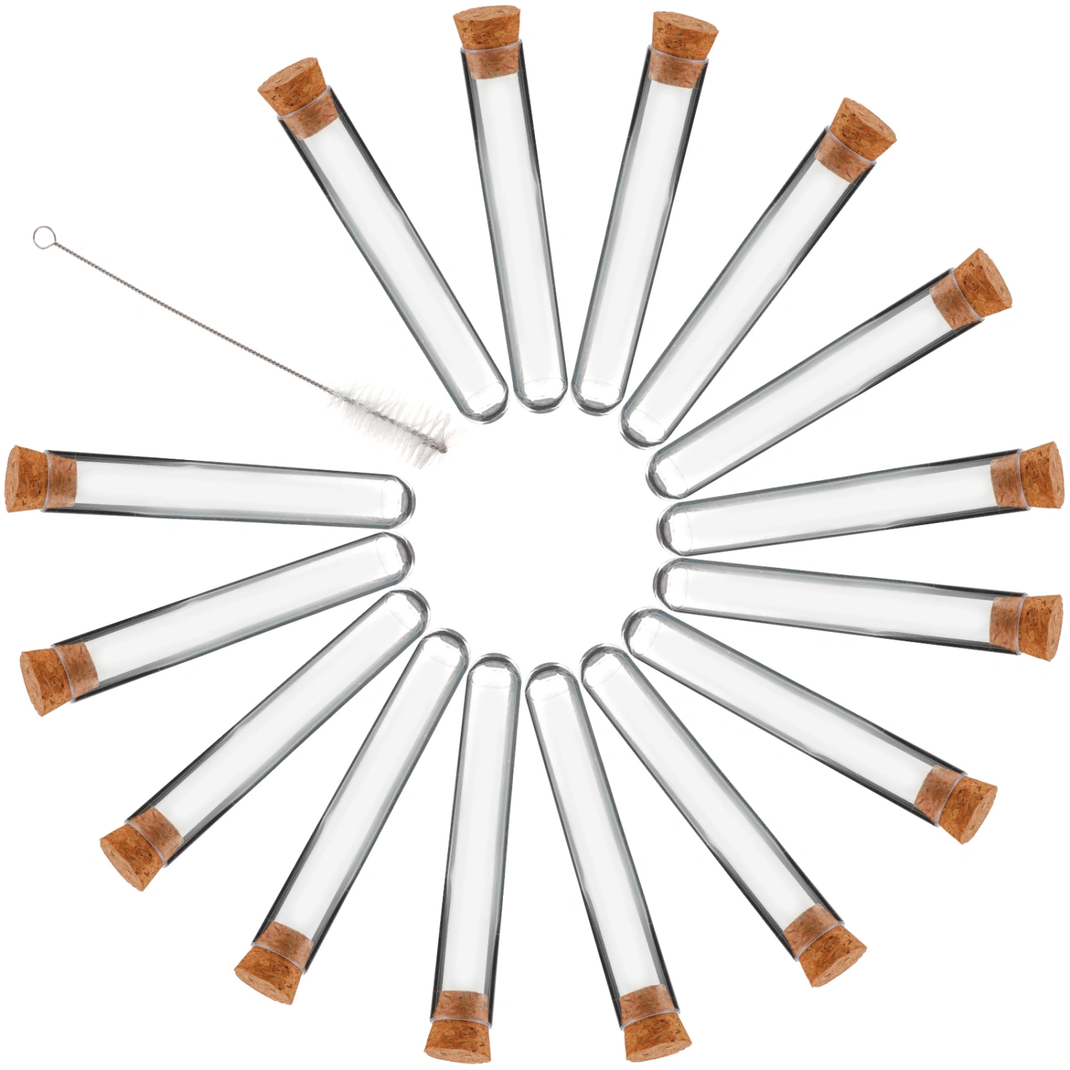 1.2x7.5cm Plastic Clear Test Tubes with Cork Stoppers and Brush for Scientific Experiments Powder Liquid Storage (100Pcs Tube Set with 1Pc Brush)