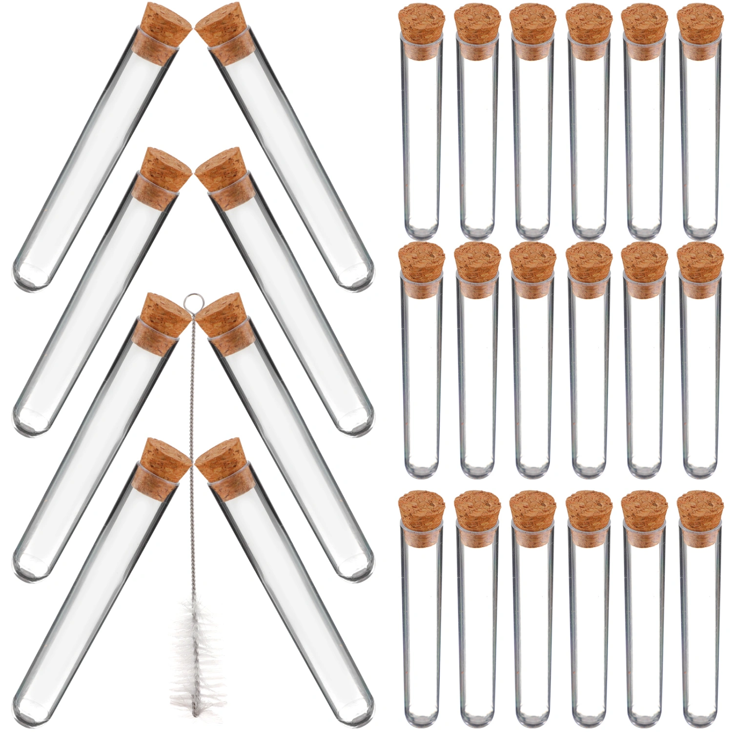 1.2x7.5cm Plastic Clear Test Tubes with Cork Stoppers and Brush for Scientific Experiments Powder Liquid Storage (100Pcs Tube Set with 1Pc Brush)