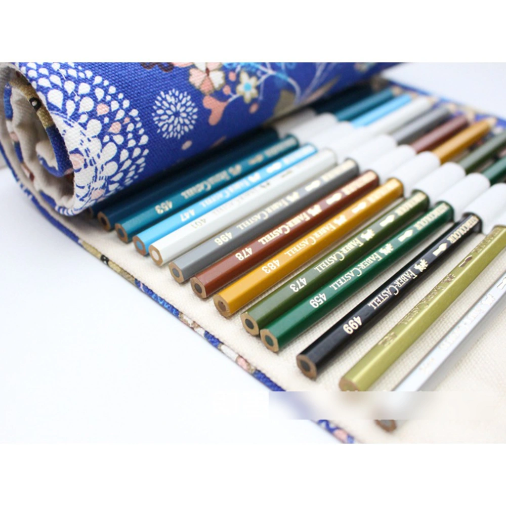 Blue Deer Pattern Canvas Portable Handmade Knitting Rolling Pencil Roll Wrap Holder Pouch Case Storage Organizer With 48 Slots