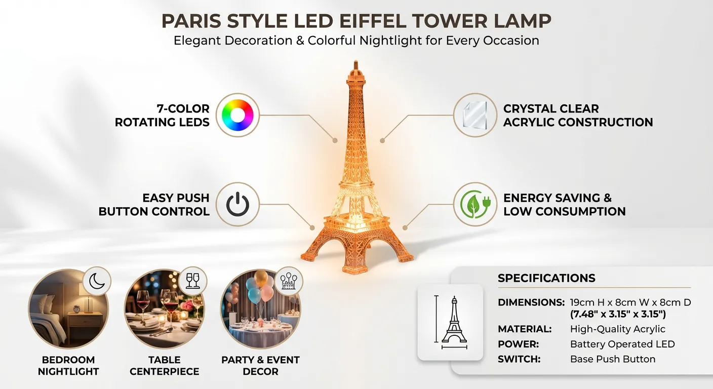 LED Light Up Eiffel Tower Nightlight Paris Style Decoration LED Lamp Fashion Desk Bedroom Acrylic Light