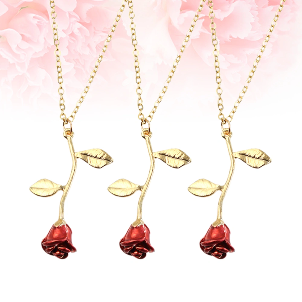 3pcs Red Rose Necklace Rose Flower Pendant Necklace Fashion Rose Necklace Alloy Necklace