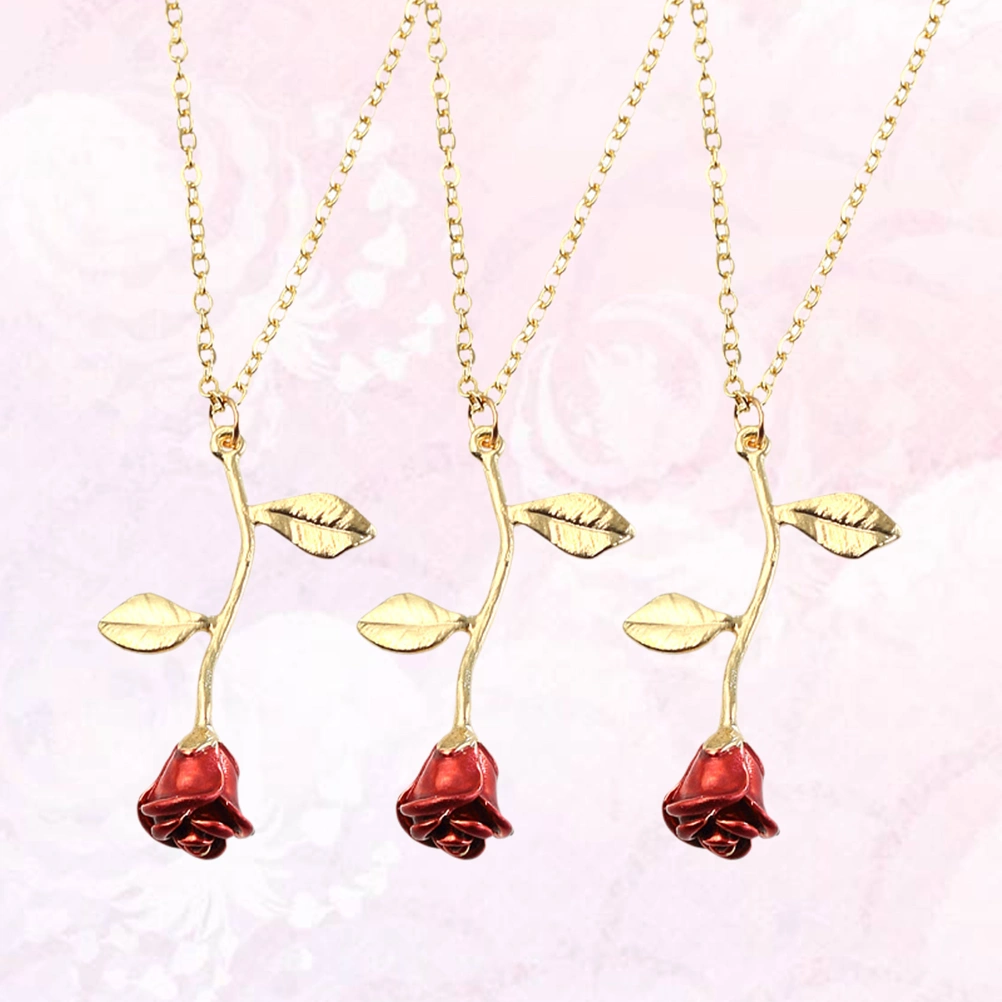 3pcs Red Rose Necklace Rose Flower Pendant Necklace Fashion Rose Necklace Alloy Necklace