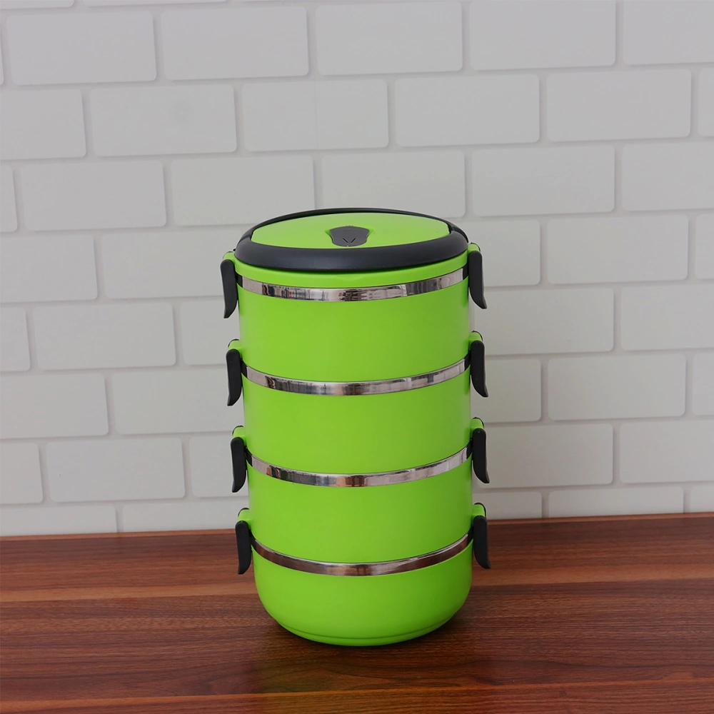 Four Tiers Stainless Steel Thermal Insulated Lunch Box Lock Container Food Storage Boxes (Green)