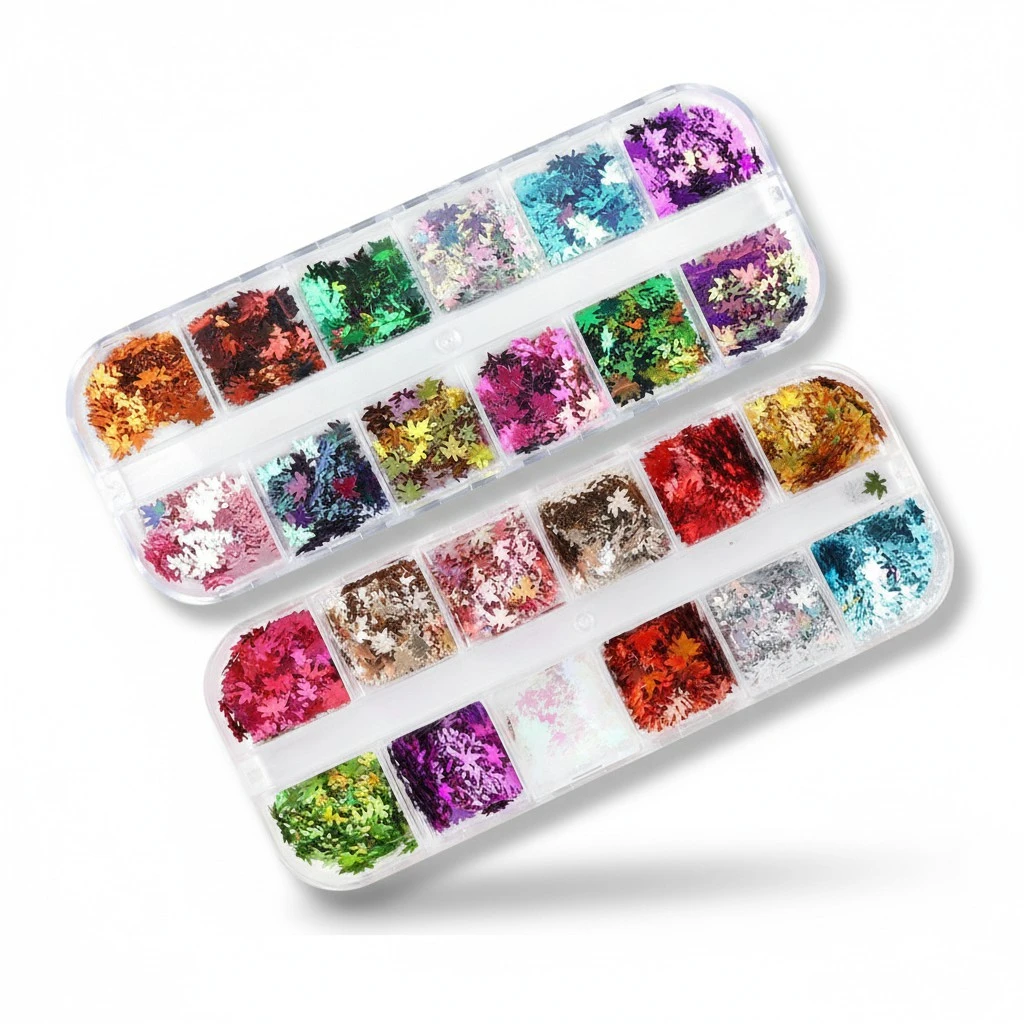 2 Boxes Manicure Sequin Colored Maple Leaf Sequins Glitter Autumn Nails Art