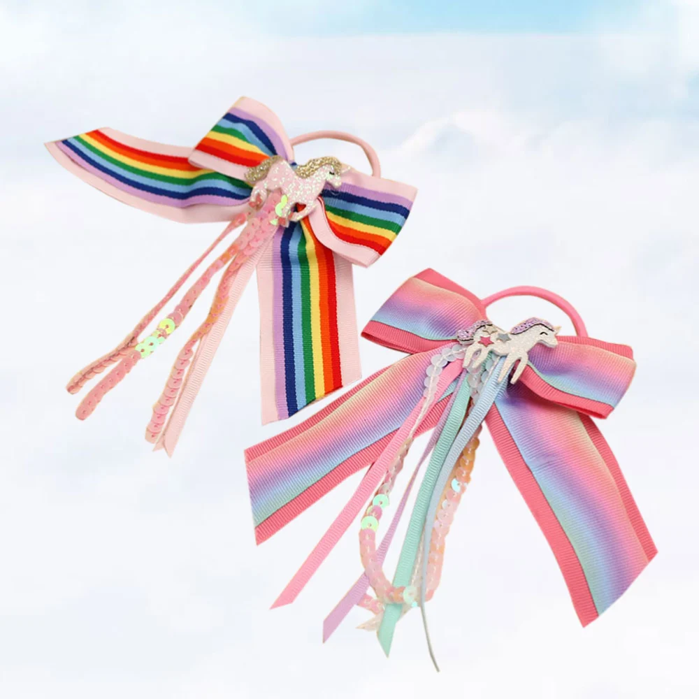 2pcs Pony Unicorn Adorable Stretch Hair Ties Elastic Bowknot Hair Ring Ponytail Holders Hair Accessories for Kids Girls (Rainbow Color + Gradient Color)