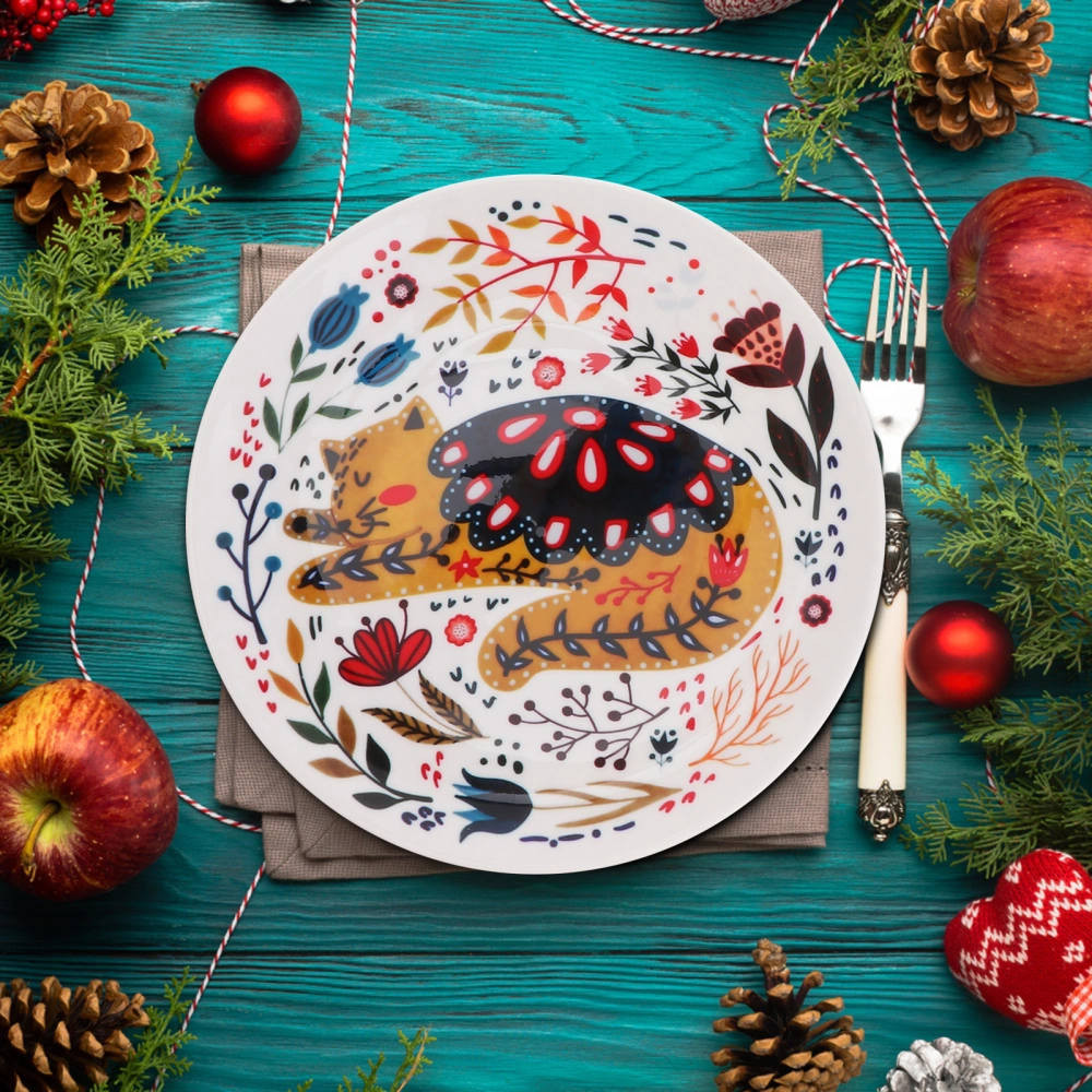 1PC Cartoon Cat Pattern Ceramic Steak Plate Food Serving Dish Western Food Plate for Home Restaurant (Yellow)