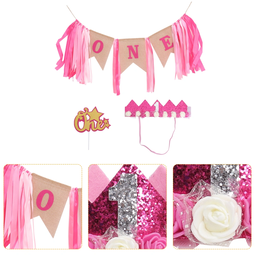 3Pcs Baby Birthday Banner Crown Set Party Pull Flag Banner Photo  Birthday Party Decoration for Kids (Princess Set, Hat + Banner + Cake Pick)