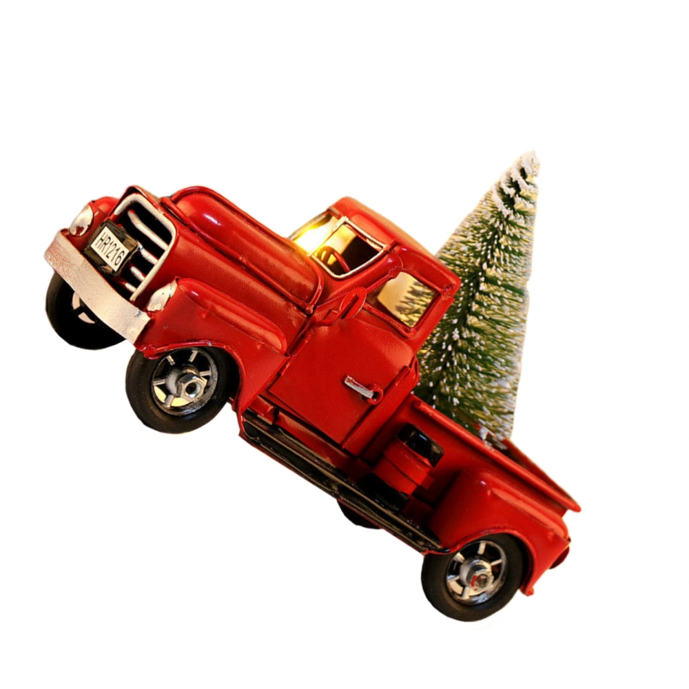 Red Vintage Truck Model Christmas Ornaments Metal Car Adornments Classic Desktop Decoration Toy with Christmas Tree for Home Office