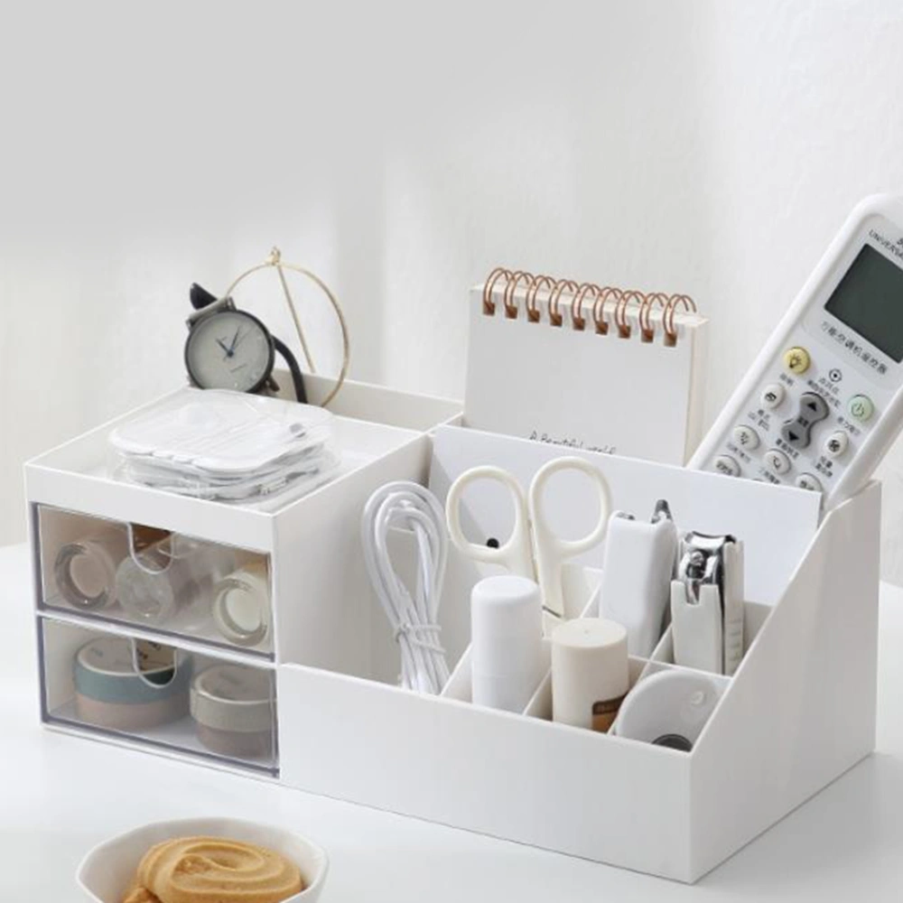 Desktop Storage Box with Compartments Drawer Style Space-saving Plastic Case Stylish Sundries Organizer (White)