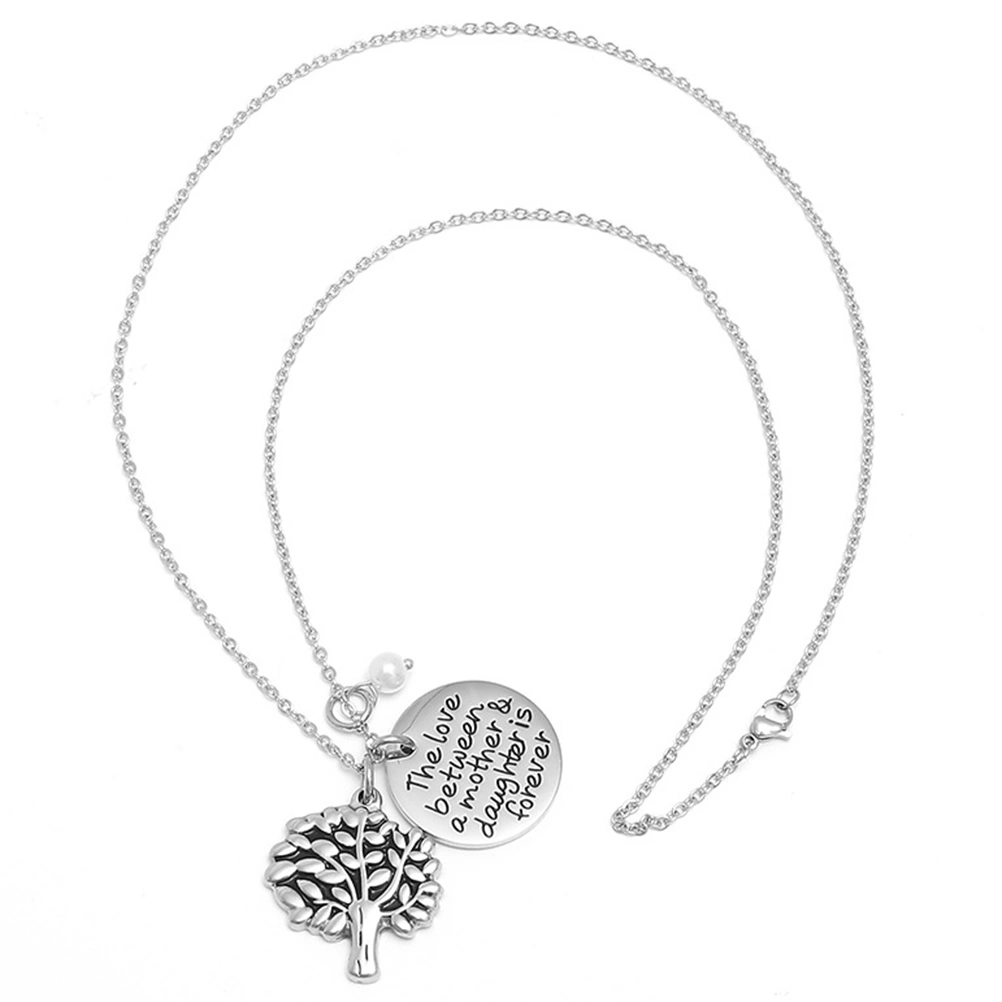 Tree of Life Pendant Necklace Mother's Day Jewelry Gift Engraved Words Round Pendant Charm Necklace (The Love Between A Mother & Daughter Is Forever)