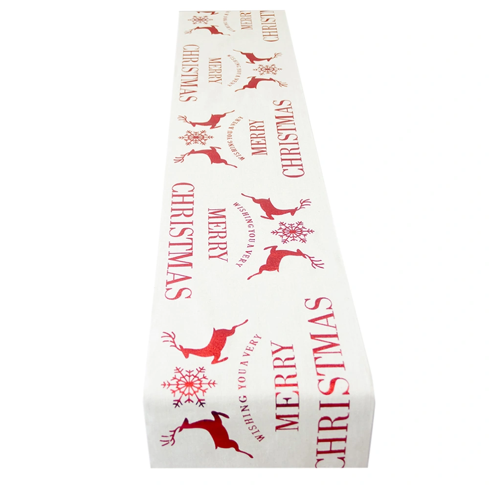 Christmas Table Runner Xmas Elk and Snowflake Printed Polyester Decorative Tablecloth Overlay Rectangular Party Supplies (White)