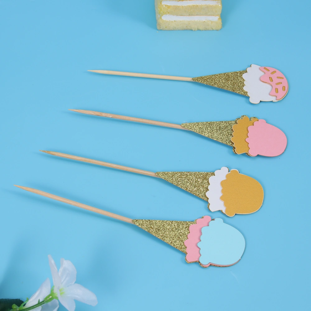 4pcs Ice Cream Cake Toppers Adorable Shiny Picks Paper Cupcake Decor Party Supplies for Wedding Birthday Festival