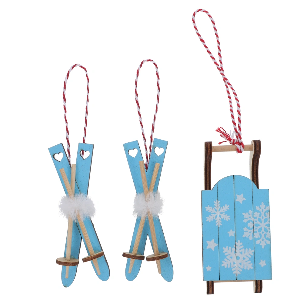 3Pcs Christmas Tree Decoration Small Hanging Piece Painted Wooden Sleigh Decor