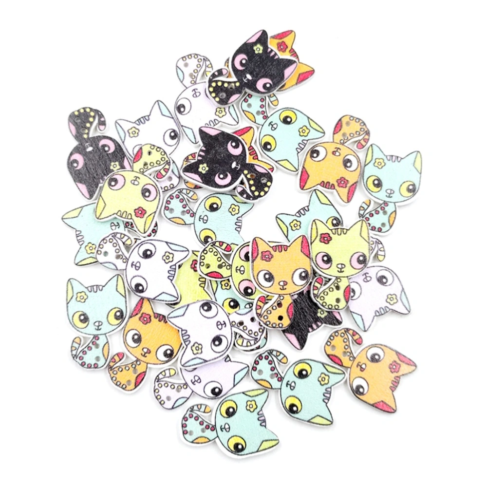 50pcs Cartoon Animal Pattern Wooden Buttons DIY Flatback Cartoon Cat Buttons 2 Holes Sewing Crafting Scrapbooking Flatback Buttons(Mixed Colors)