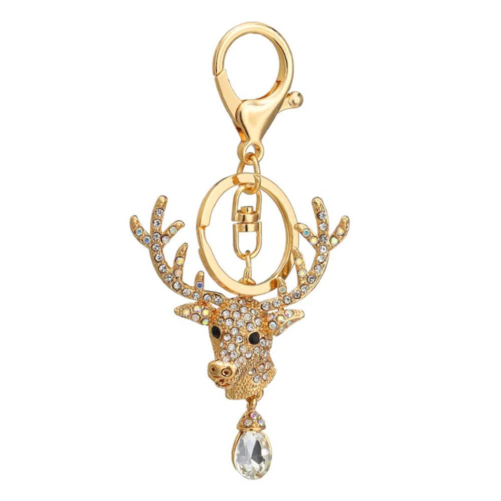 Deer Rhinestone Keychain Car Keyring Purse Bag Pendant Decoration Hanging Ornament Creative Gift (Golden White)