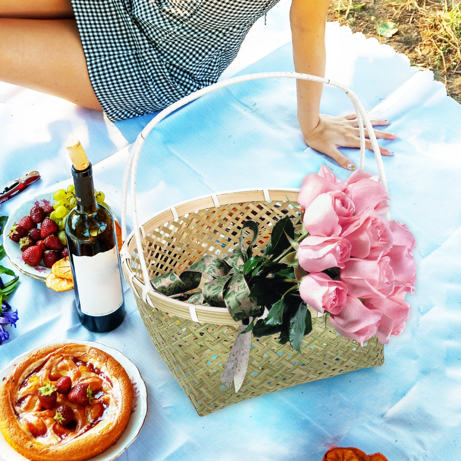 Bamboo Woven Portable Fruit Basket Outdoor Picnic Woven Basket Portable Basket