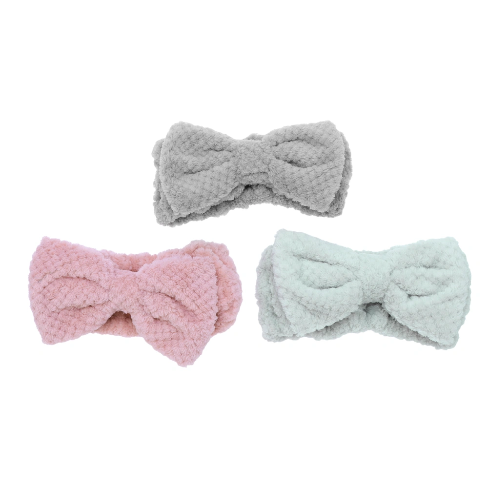 3pcs Bow Decor Hairband Woman Stripe Decor Hairband for Home SPA Travel (Pink, Gray, Green, Each Color Has 1pcs)