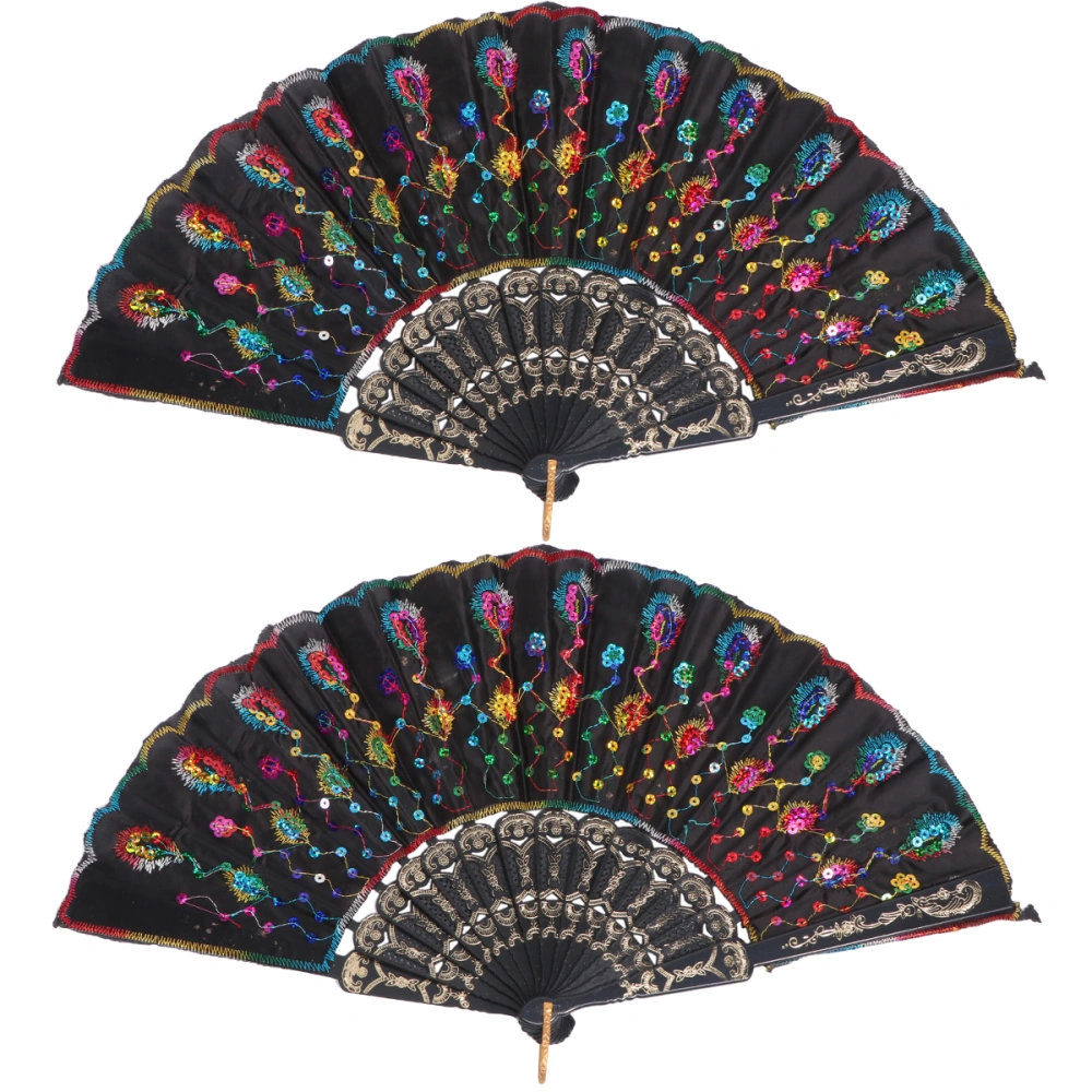 2pcs Sequined Plastic Fan Dancing Fan Sequined Embroidered Fan Beautiful Dancing Fan for Women (Colorful)