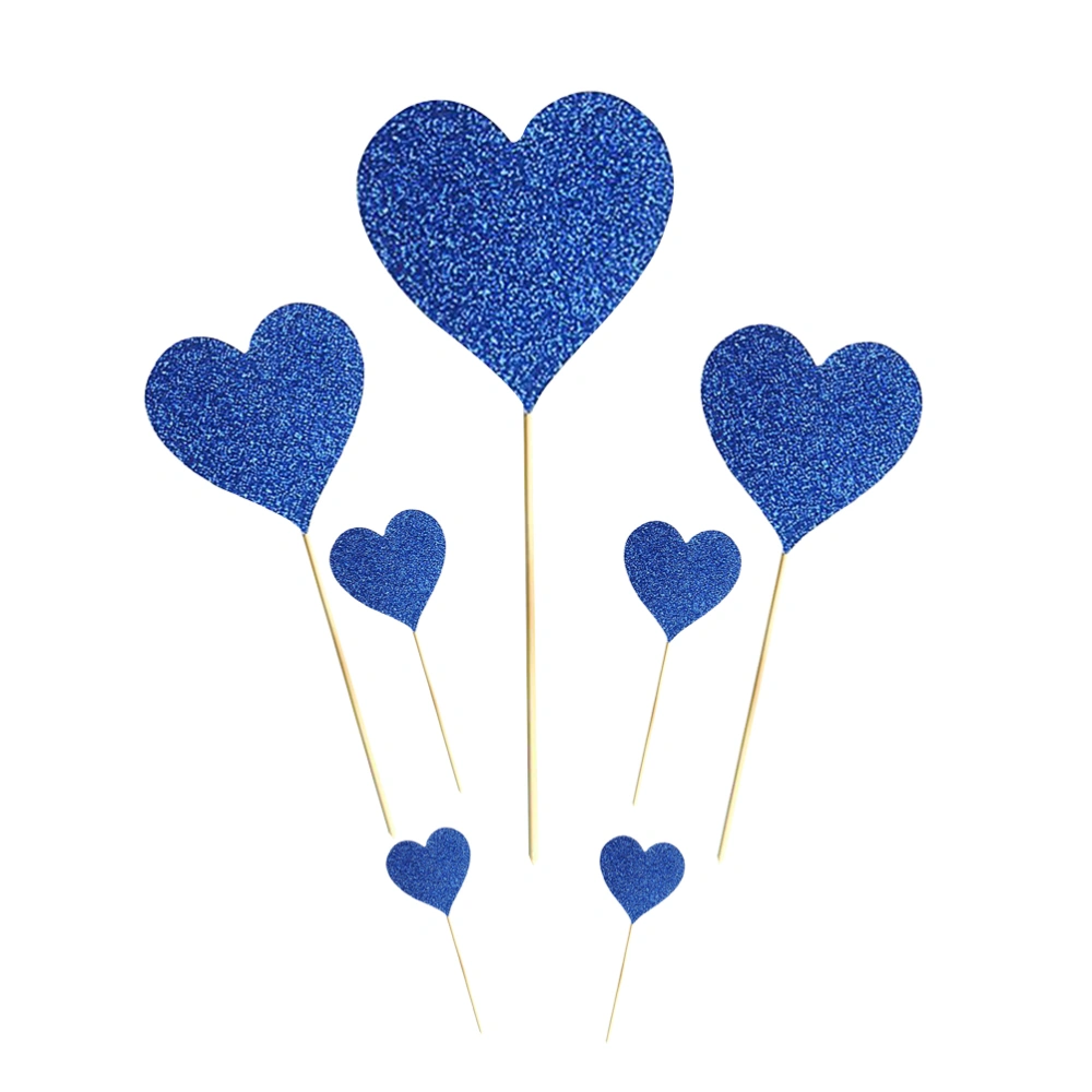 7pcs Glittery Heart Shape Insert Cards with Toothpick Cake Decorations for Wedding Birthday Party Lovely Gifts(Blue Heart Suit)