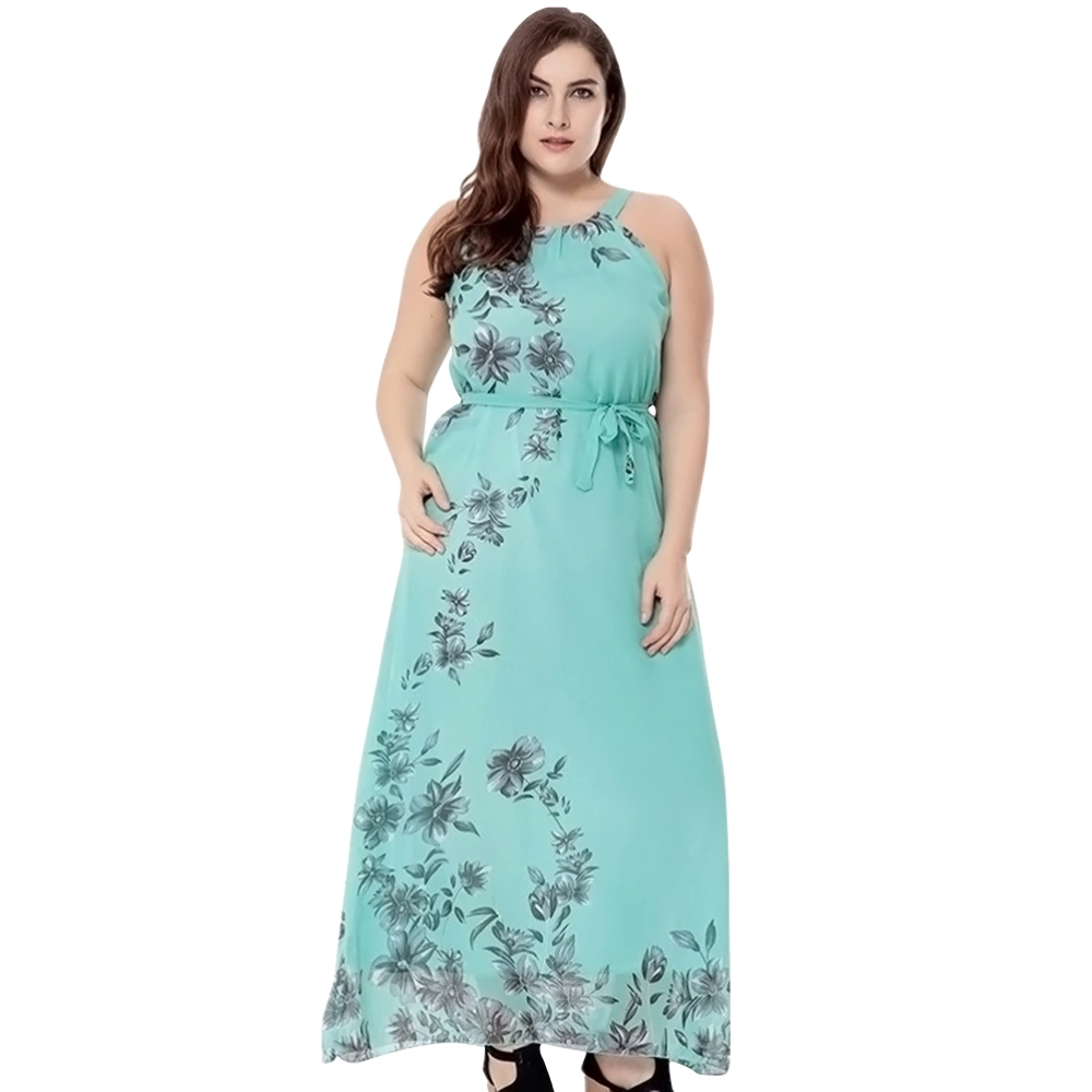 Long Bohemian Printing Chiffon Dress Summer Beach Sundress for Women - Size L (Light Green)