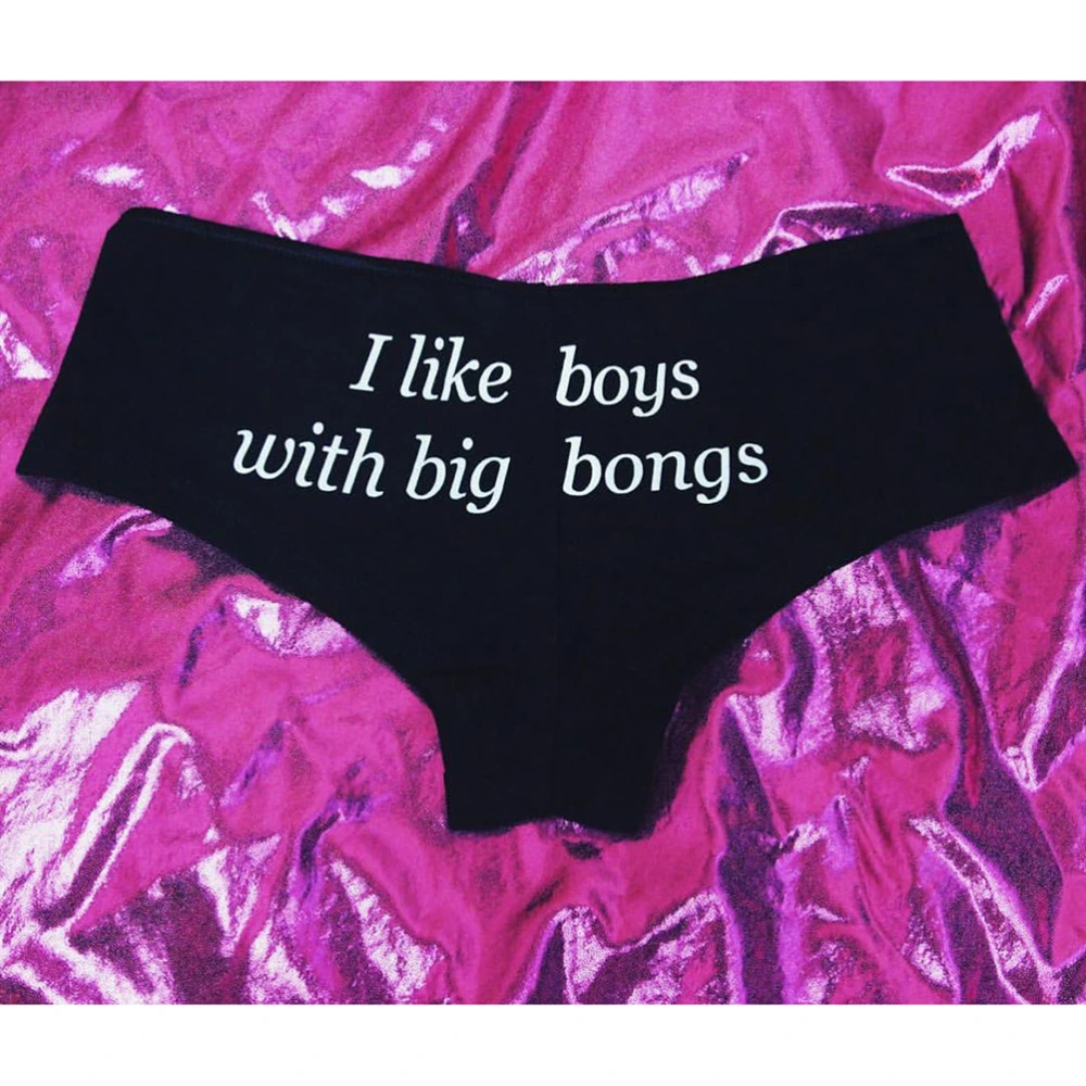 I LIKE BOYS WITH BIG BONGS Letters Women G-string Briefs Sex Cotton Panties Underwear - Size S(Black)