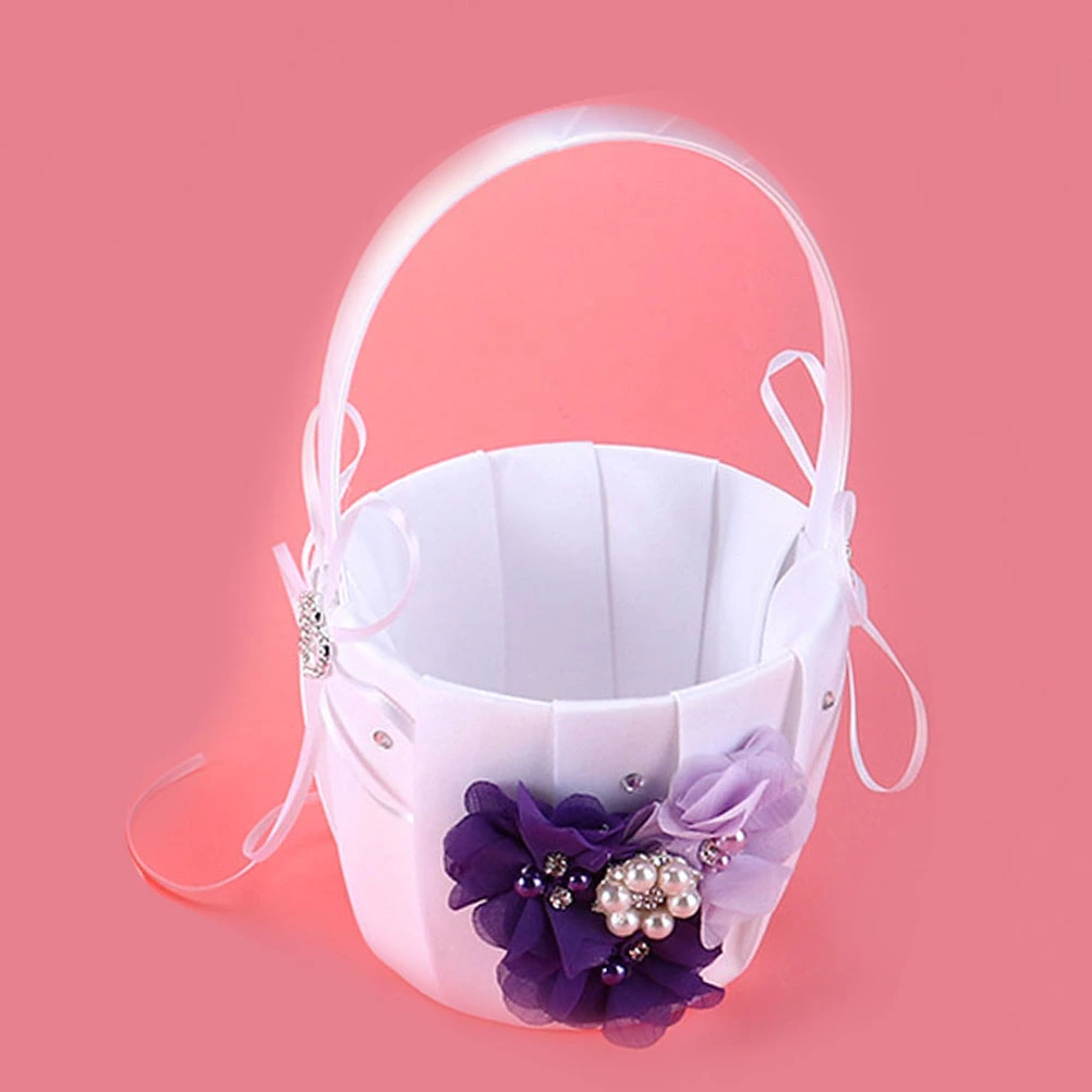 1pcs Wedding Flower Girl Bride Basket Matrimony Processions Rose Petals Holder Ceremony Party Flower Girl Basket for Wedding Ceremony Party Decoration (Purple)