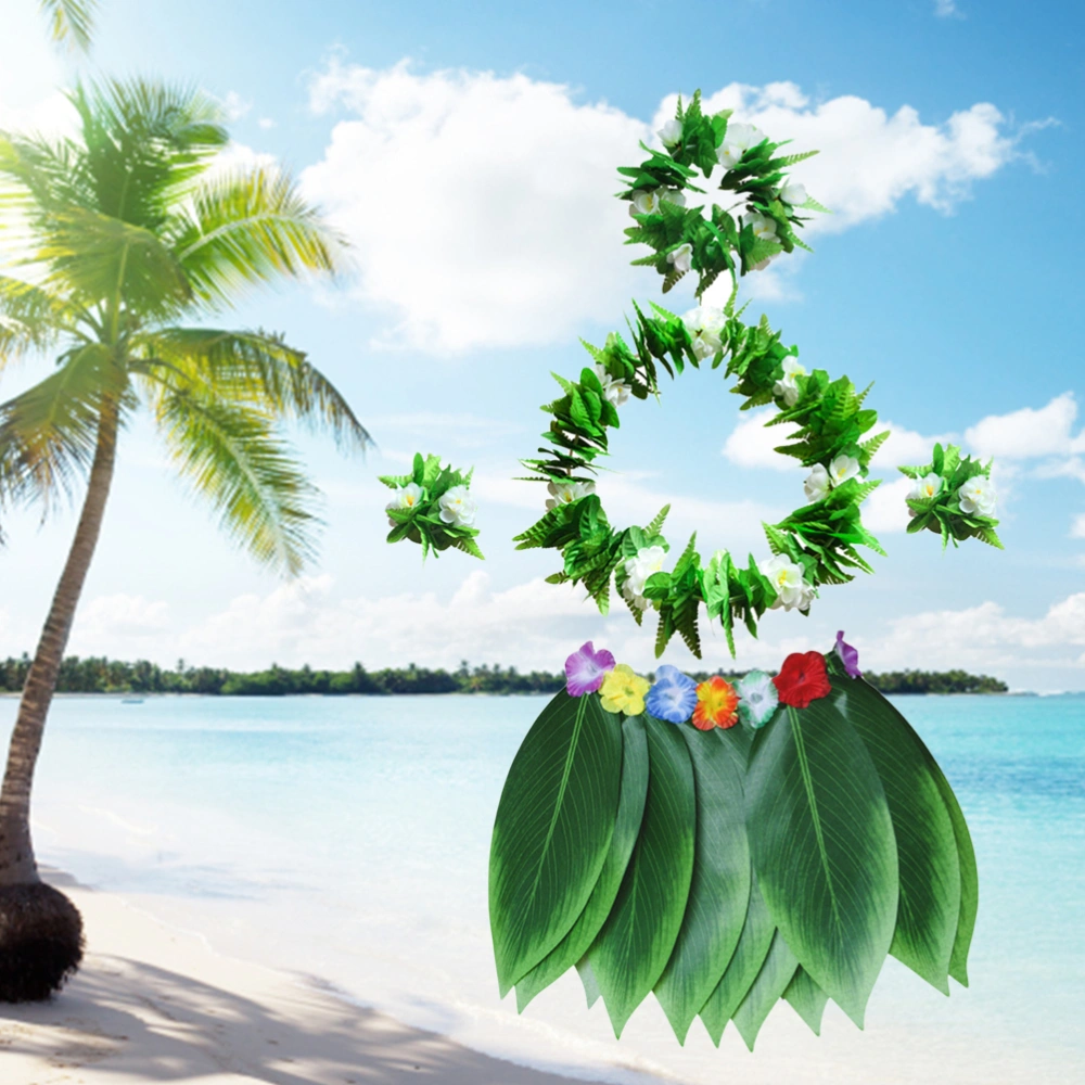 5pcs Hula Skirt Hawaiian Costume Set with Green Leaves Necklace Bracelets Headband Luau Party Favors for Beach Luau Party Supplies(Kids)