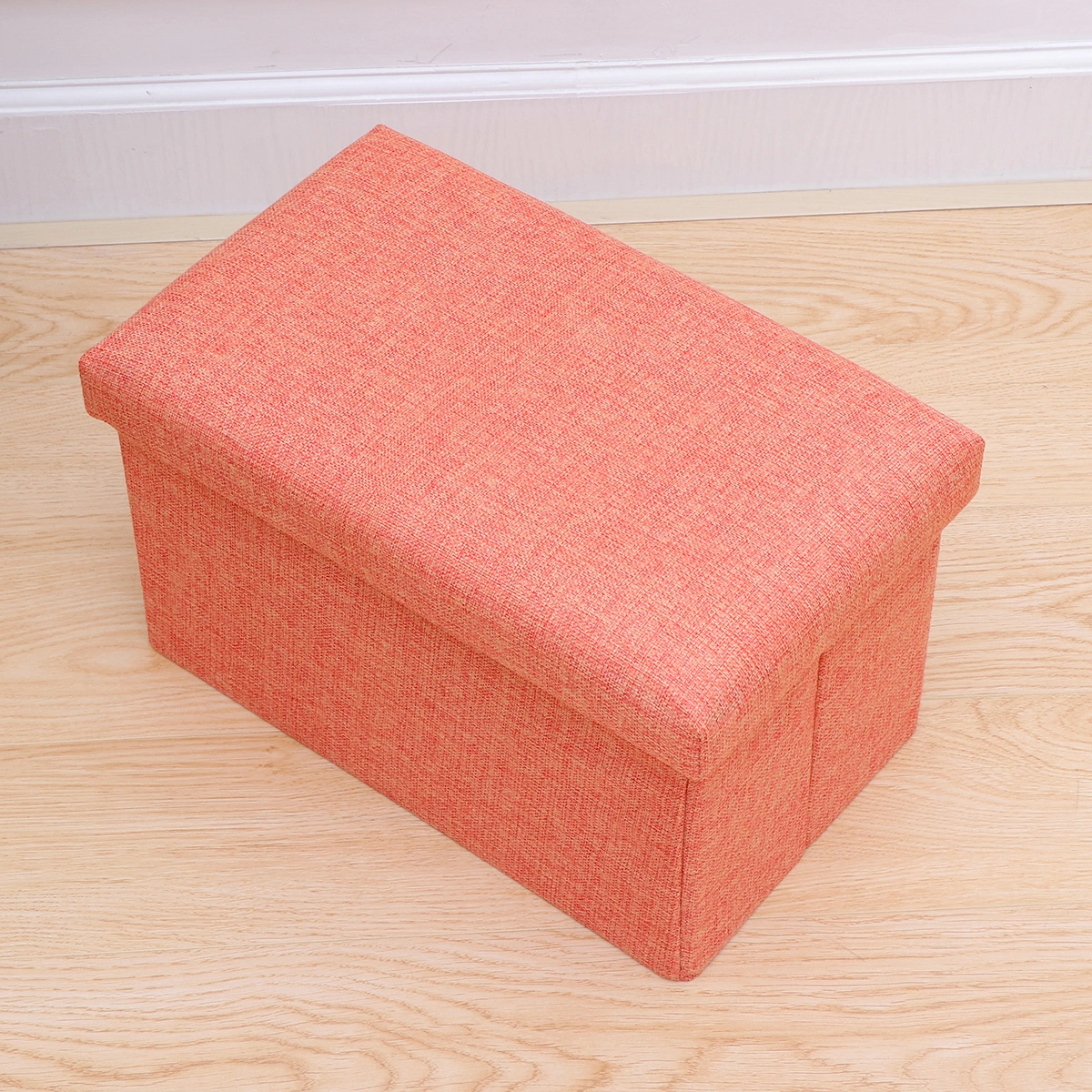 Foldable Storage Ottoman with Folding Toy Chest Storage Box Linen Fabric Ottomans Bench Foot Rest for Bedroom Living Room (Orange)