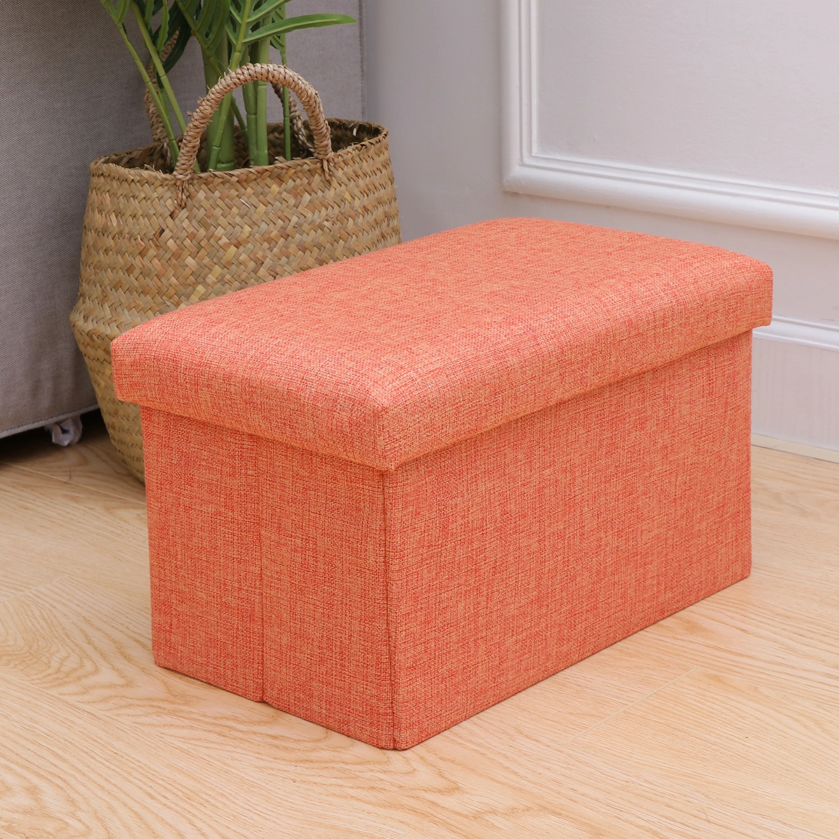 Foldable Storage Ottoman with Folding Toy Chest Storage Box Linen Fabric Ottomans Bench Foot Rest for Bedroom Living Room (Orange)