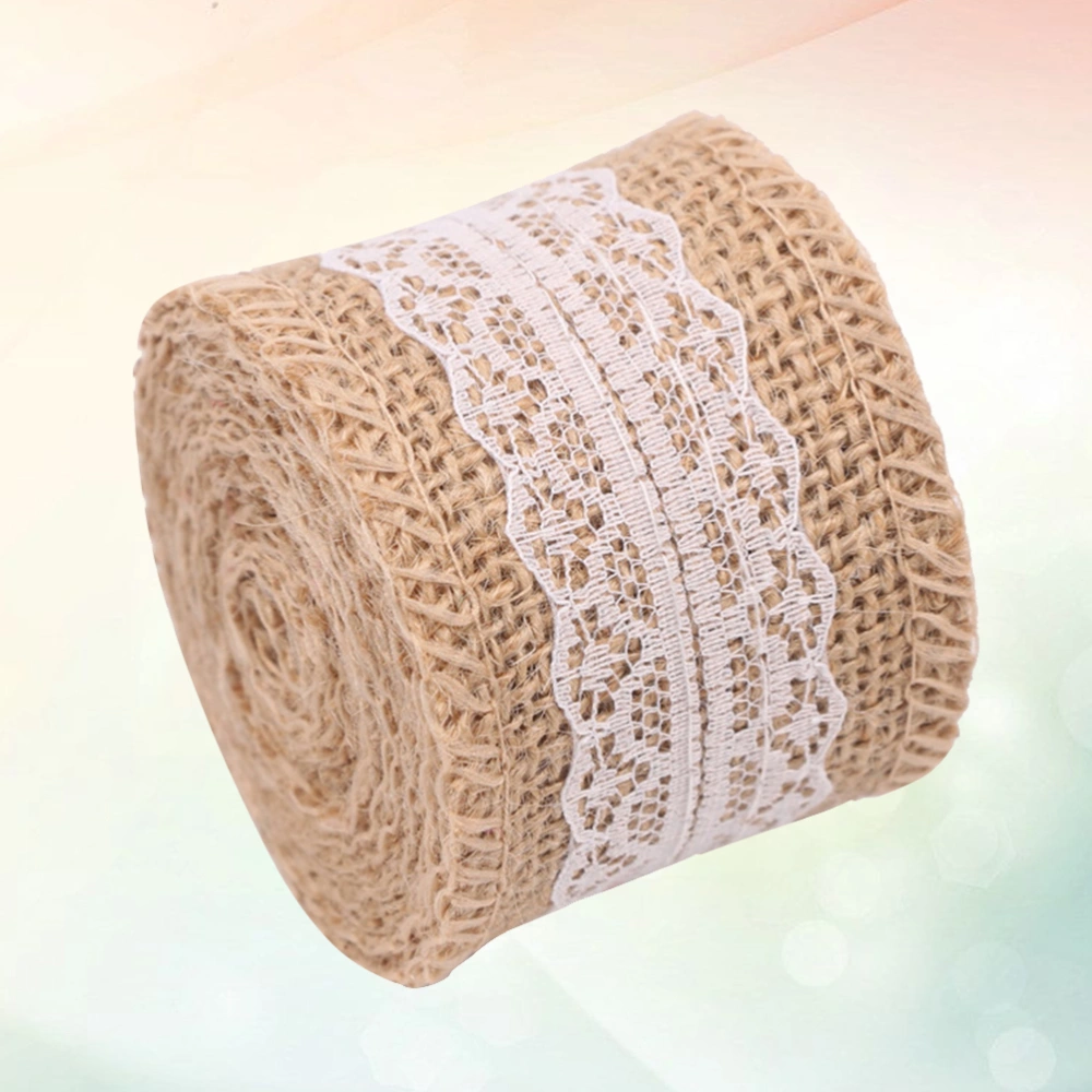 5x200cm Wedding Decorative Burlap Fabric Ribbons Jute Roll with Lace for Craft Gift DIY Projects (B)