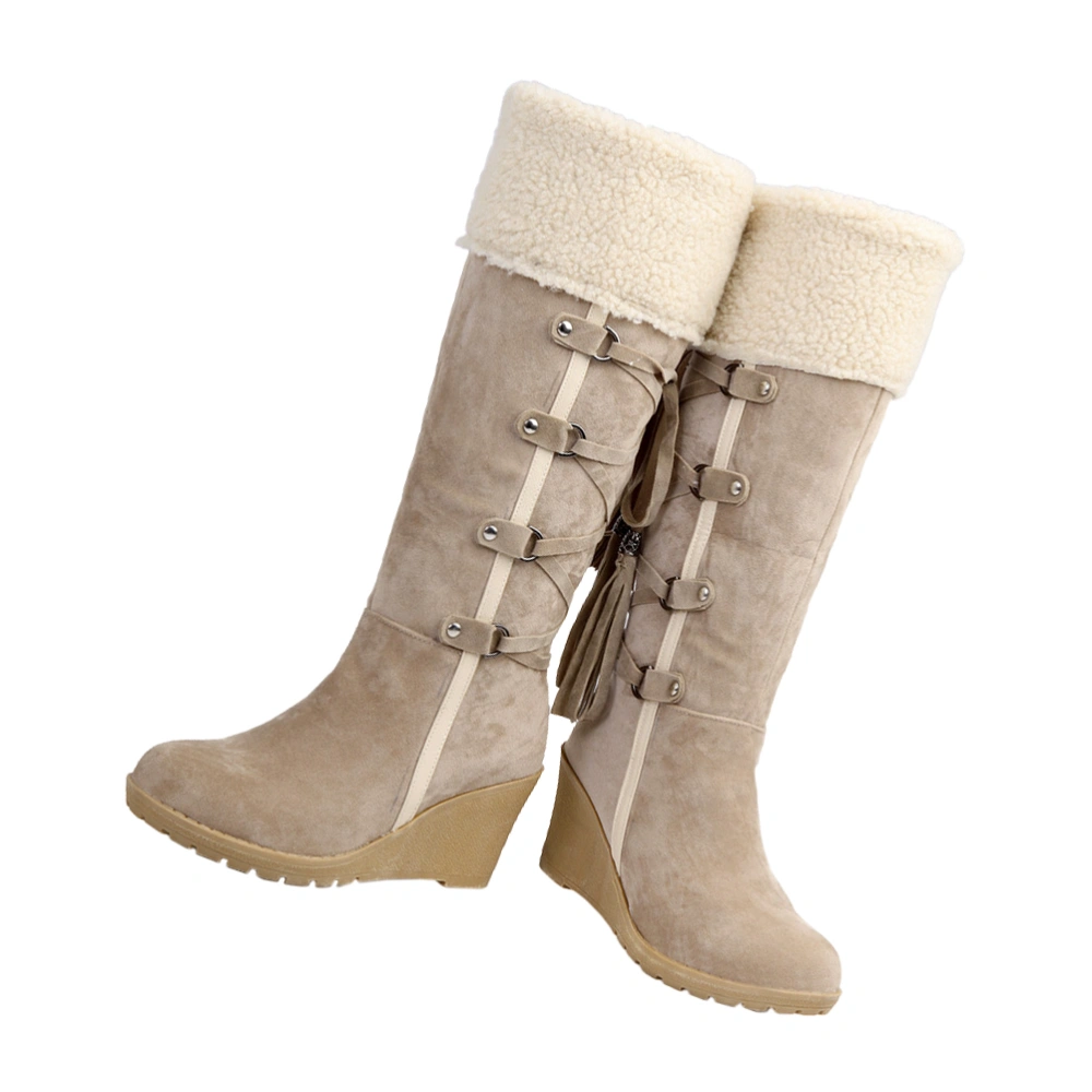 Women High Boots Fashion Slipsole High Boots Girl Tassel Boots Winter Snow Boots (Beige Size 40)