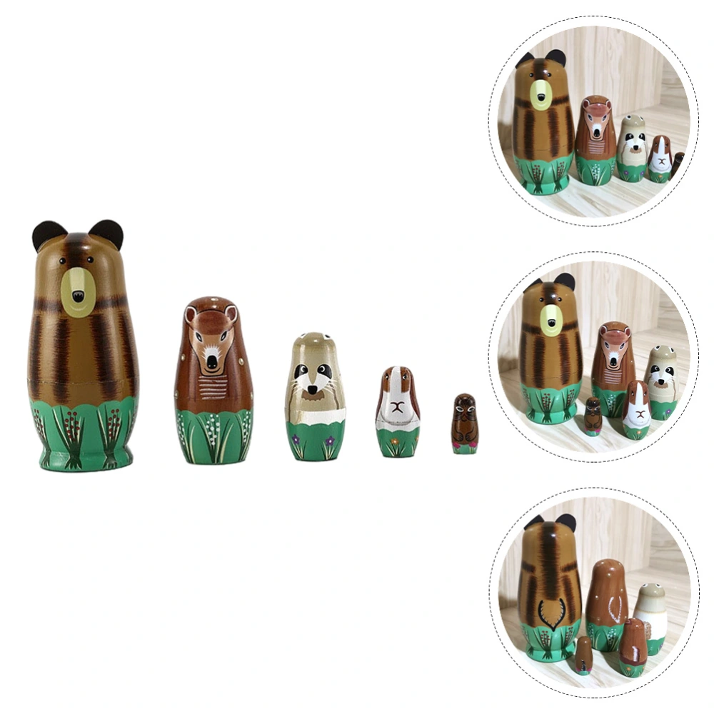 1 Set of Russian Doll Five Layer Animal Ornaments Wooden Matryoshka Doll