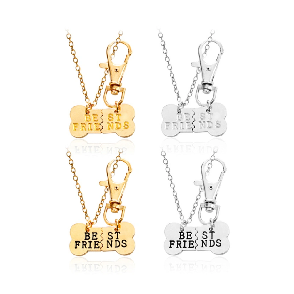 2pcs Dog Bone Design Charm Necklace Keychain Friendship Jewelry (Golden)