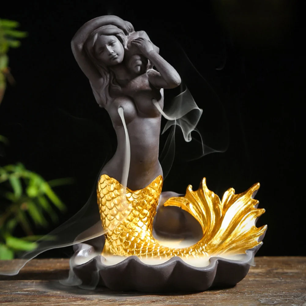 1pc Ceramic Incense Burner Mermaid Backflow Incense Holder Desktop Adornment