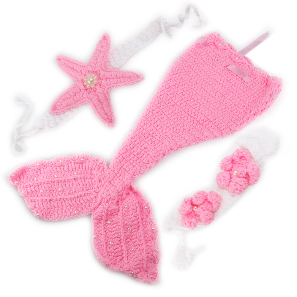 Cartoon Mermaid Style Baby Infant Newborn Hand Knitted Crochet Costume Baby Photograph Props Set (Pink)