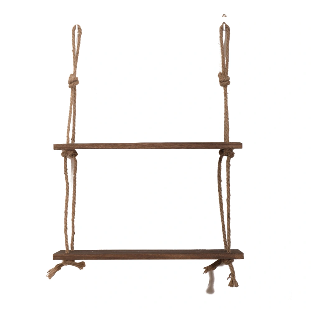 Wooden Hanging Shelf Swing Rope Floating Shelves 2 Tier Jute Rope Wall Display Rack(Dark Brown)