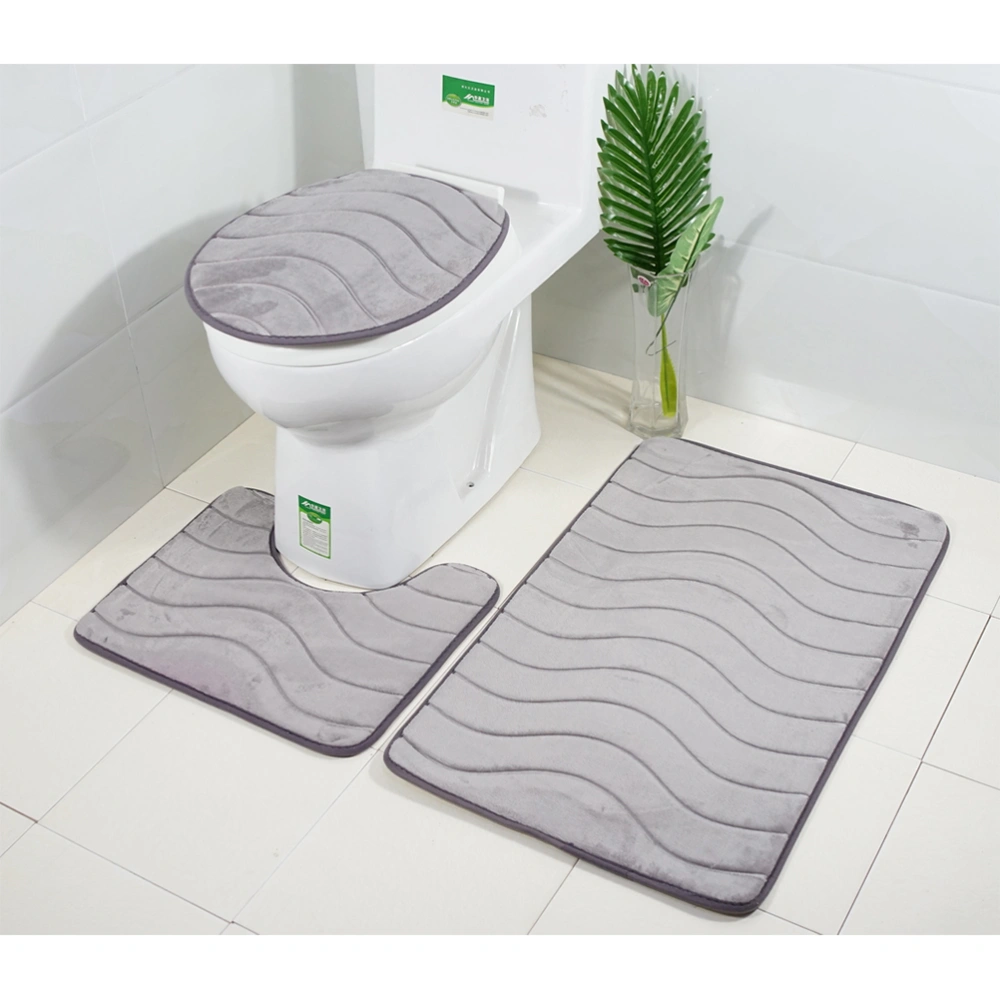 Three Pieces Bathroom Mat Set Flannel Embossed Waves Nonslip Bath Bathtub U-shape Rug Carpet Toilet Seat Lid Cover (Grey)